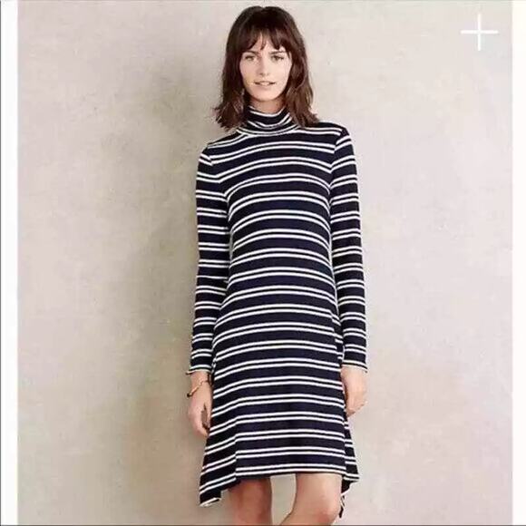 Maeve Anthropologie Striped Turtleneck‎ Swing Dress Navy White Size Small - Picture 1 of 9